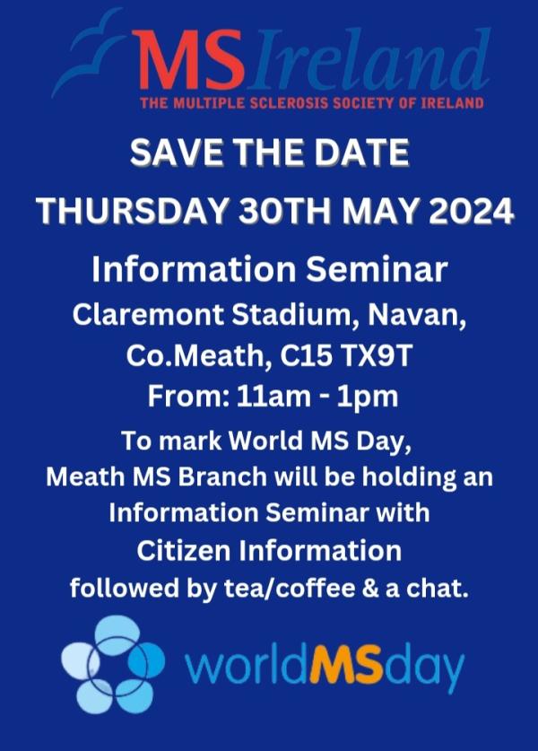 A blue background featuring text detailing the Meath Branch event, accompanied by the MS Ireland and World MS Day logo