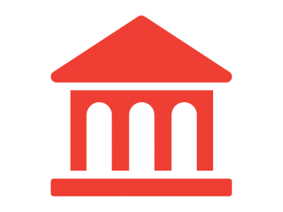 Red graphic of a 4 columned structure with a roof and plinth. 
