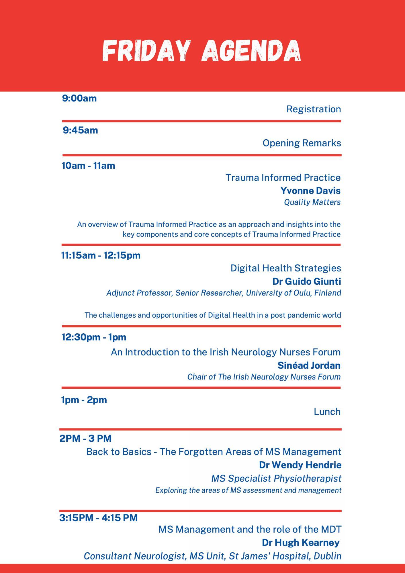 Friday agenda for National conference in blue and white background