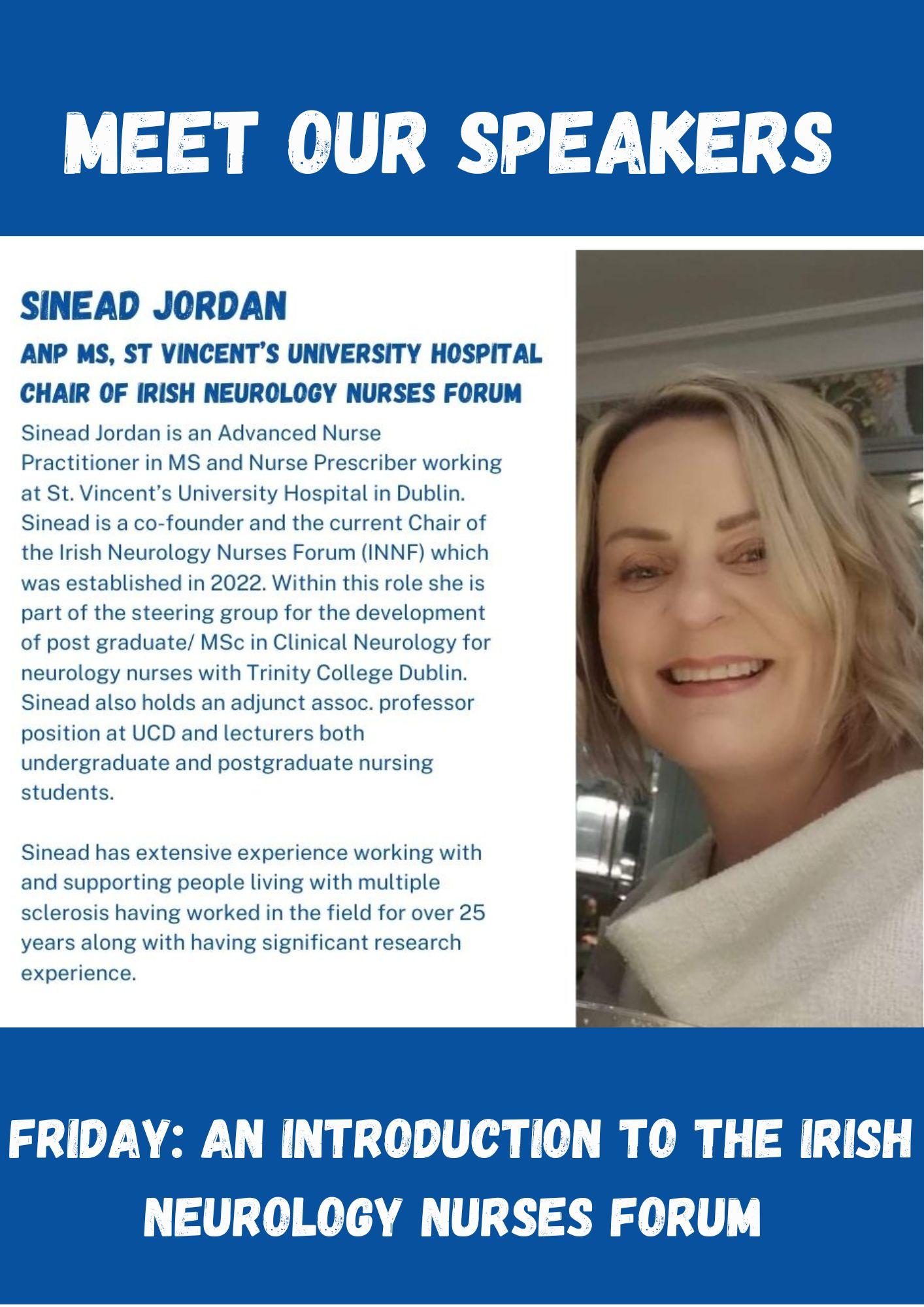 image of Sinead Jordan with blue text on white background