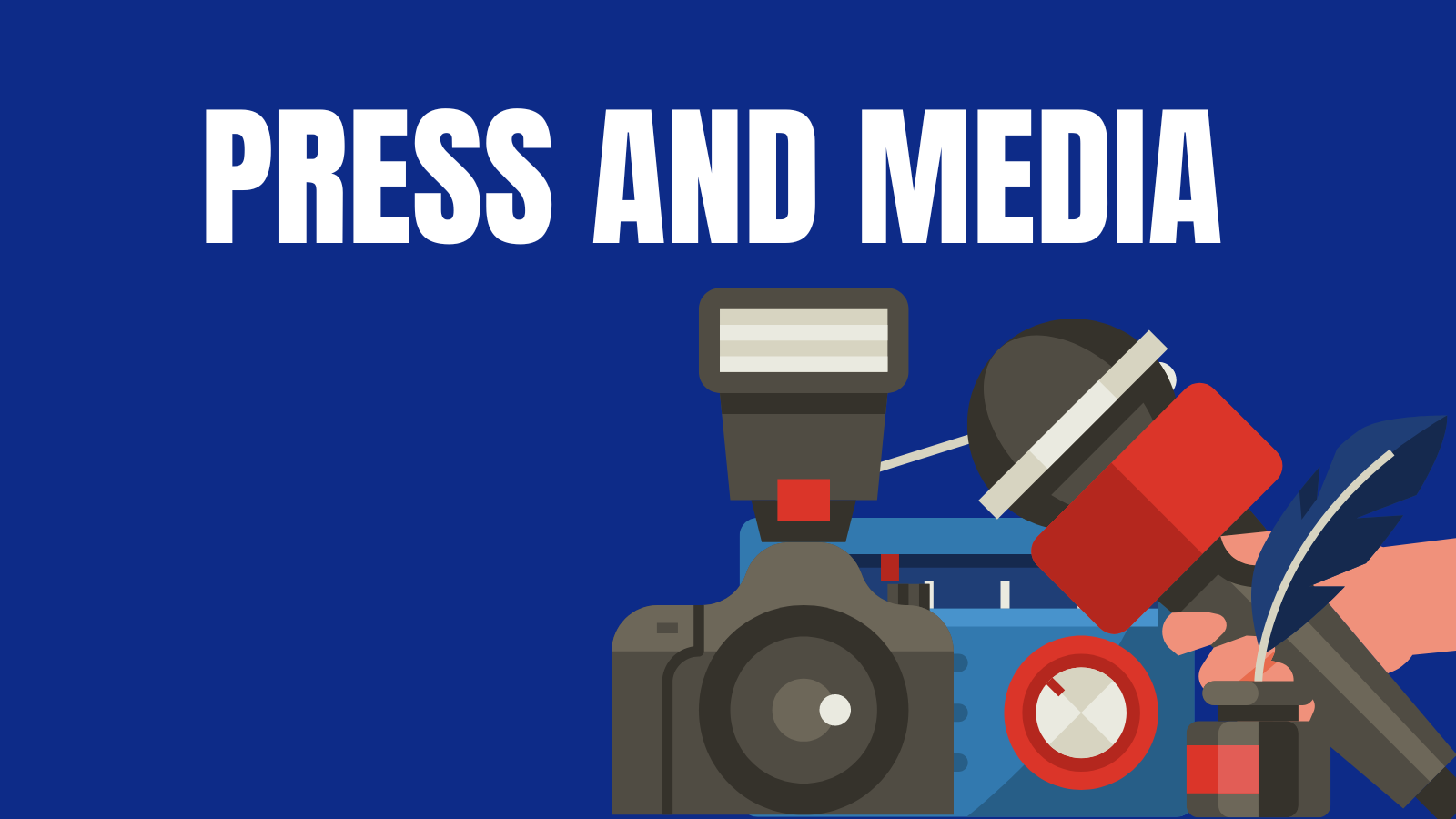 Graphic illustration featuring a camera and microphone, essential tools for press and media coverage