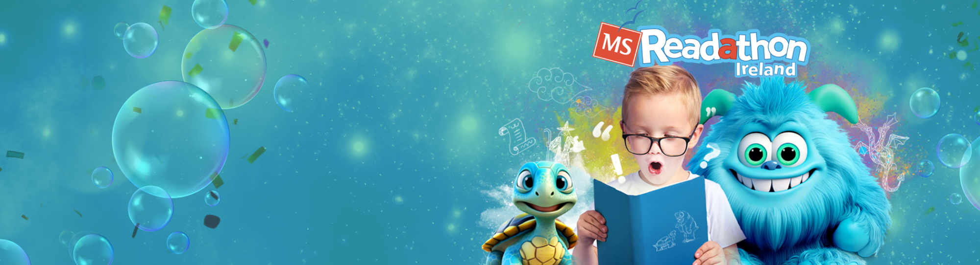 blue background, bubbles, person reading book