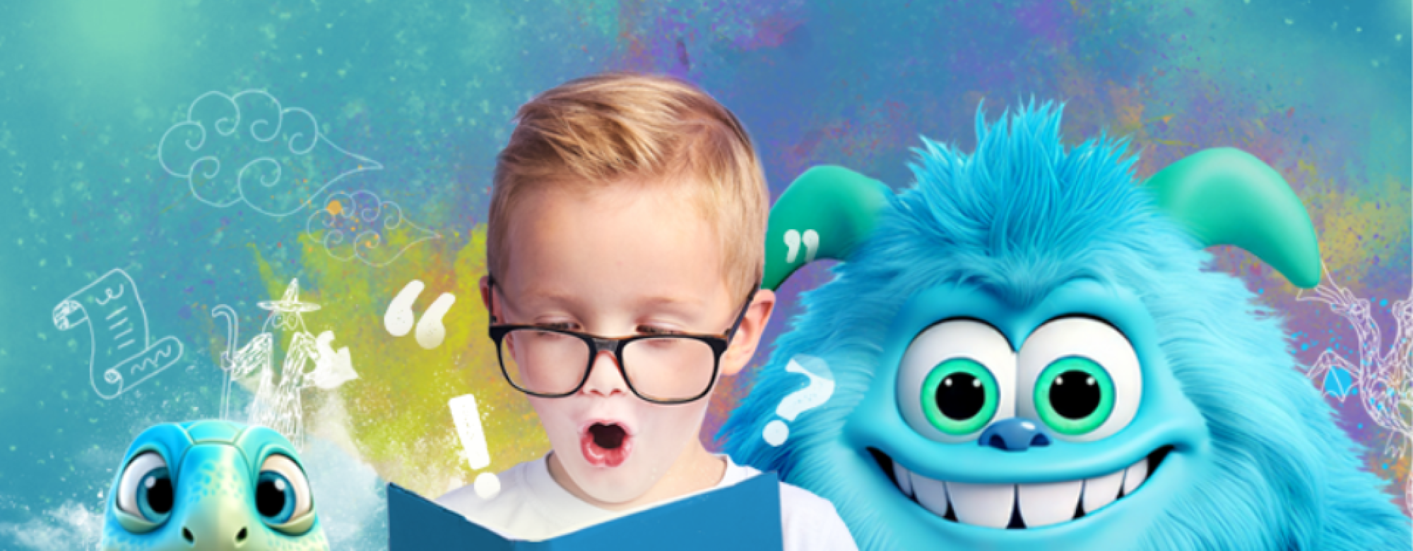 Child reading book with animated characters promoting MS Readathon