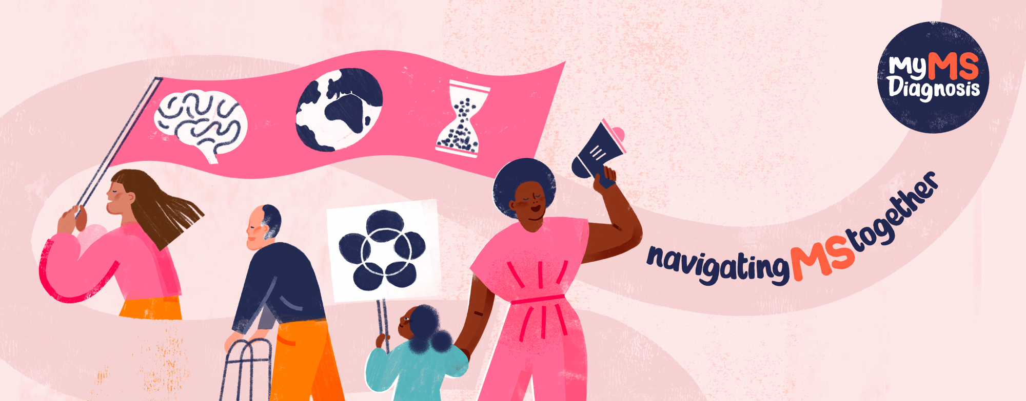 Pink background with a cartoon-style character and the World MS Day logo, symbolising awareness and support for those affected by multiple sclerosis