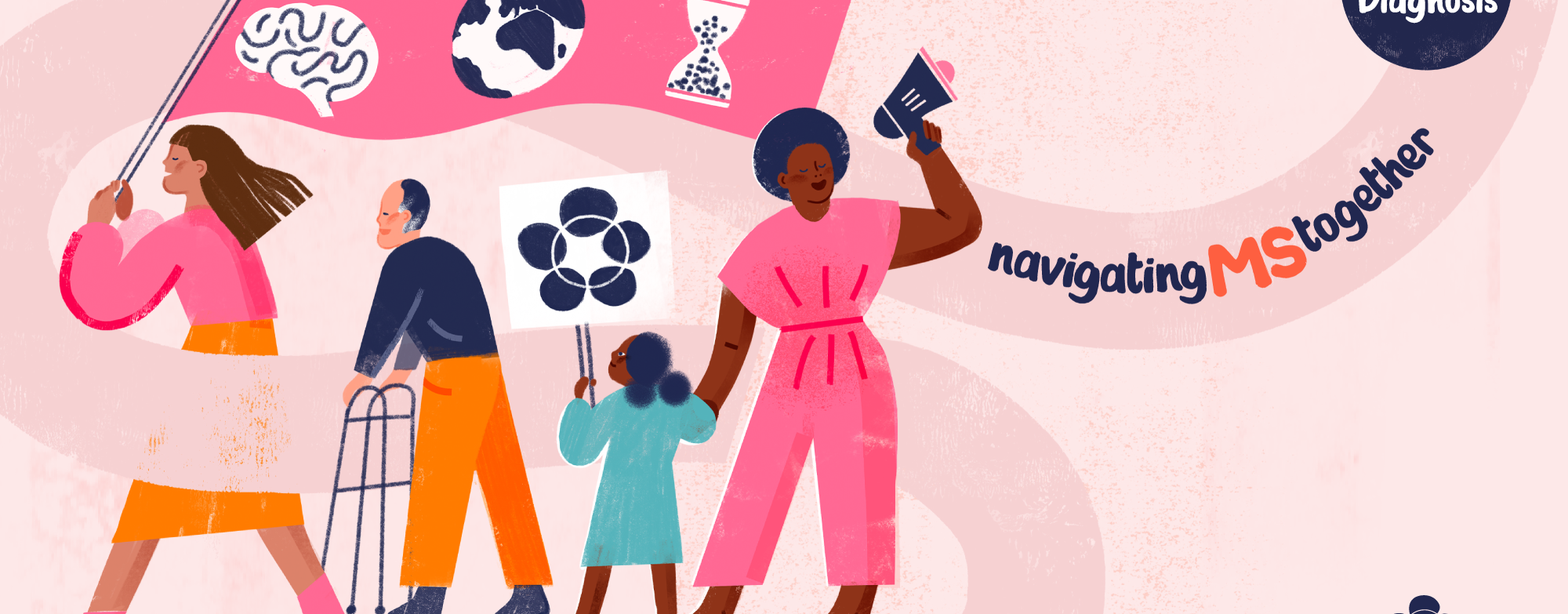Pink background with a cartoon-style character and the World MS Day logo, symbolising awareness and support for those affected by multiple sclerosis