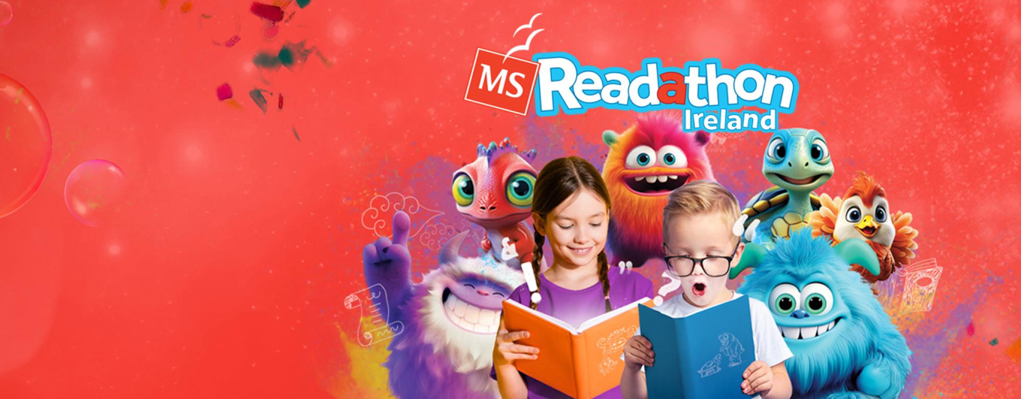 Children reading with colorful characters promoting MS Readathon Ireland