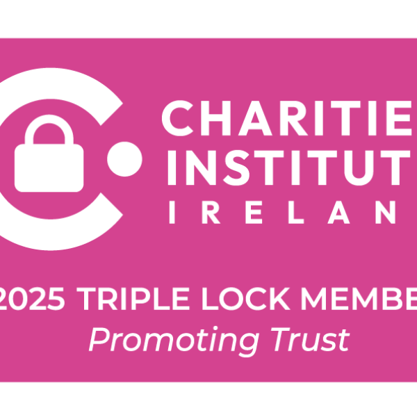 Logo of a charity institute in Ireland with a pink background, displaying '2025 Triple Lock Member' as a prominent text.