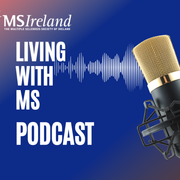 Microphone next to the title of the new podcast series "Living with MS"