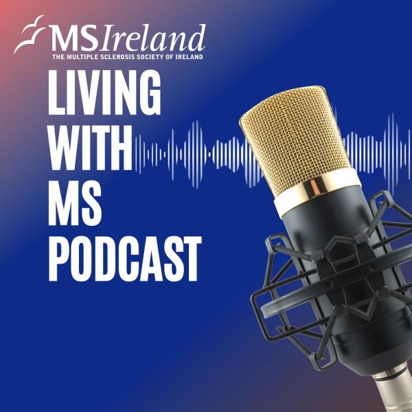 Microphone next to the title of the new podcast series "Living with MS"