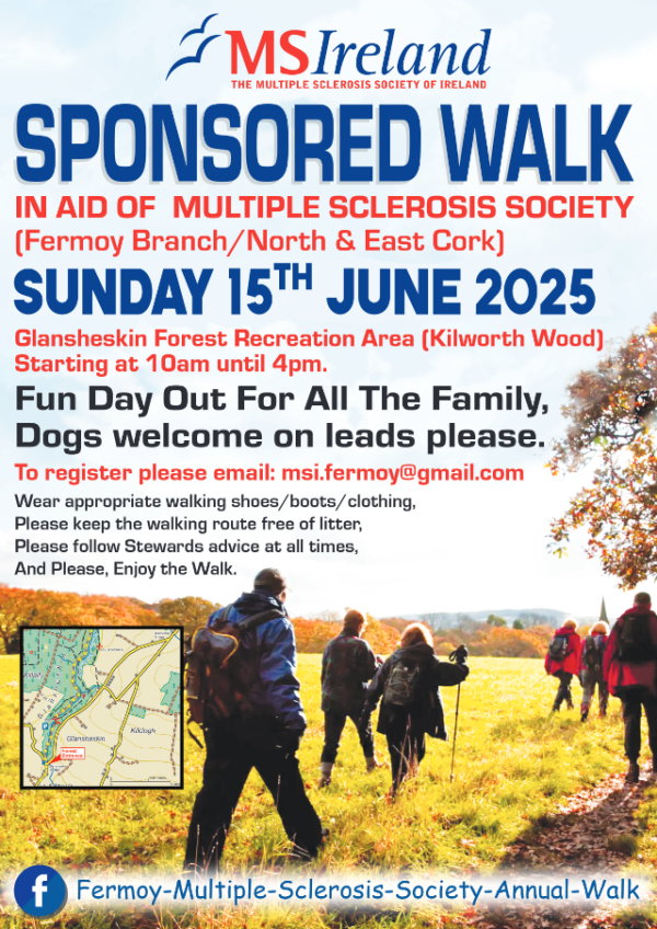 Poster for the 44th Annual Walk in aid of the Fermoy Branch MS Society, featuring event details, the MS Ireland logo, and an image of people walking in a forest setting.