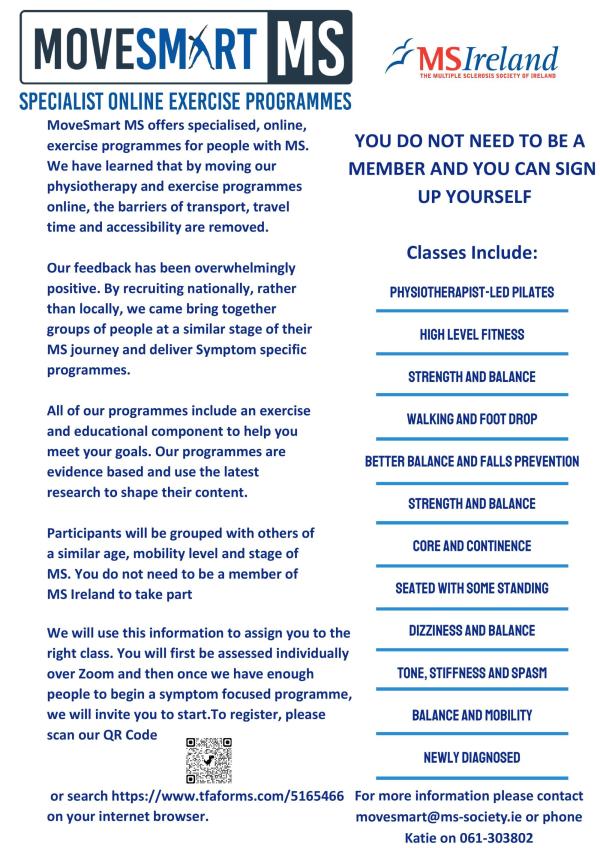 Flyer for MoveSmart MS – MS Ireland’s online, symptom-focused exercise programme for people with MS. Includes a programme overview, participant eligibility, and a list of class types such as physiotherapist-led Pilates, strength and balance, seated with some standing, dizziness and balance, and others. Registration details and contact information are also provided.