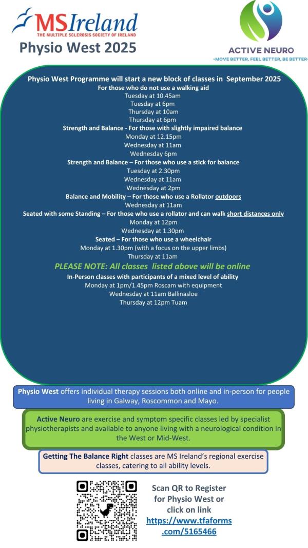 Flyer for Physio West – MS Ireland’s exercise programme for people with MS. 