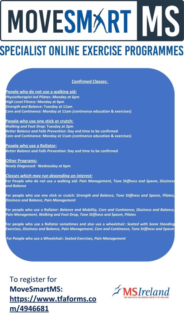 Flyer for MoveSmart MS September 2025 online physiotherapy classes for people with MS, with class types, times, and registration details.