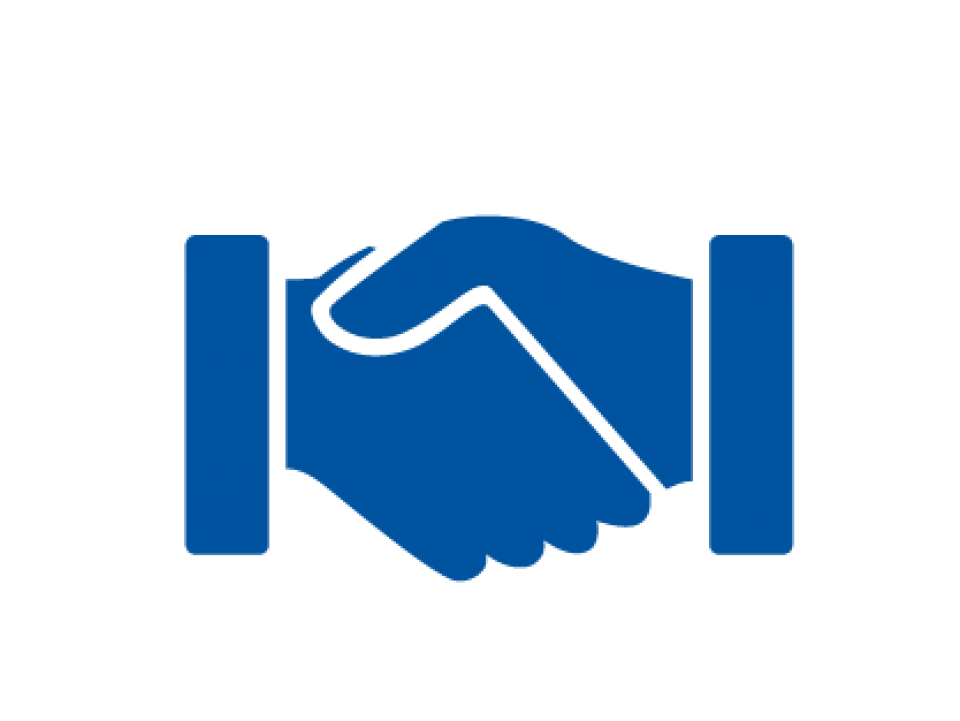 Blue graphic of a handshake on a white background. 