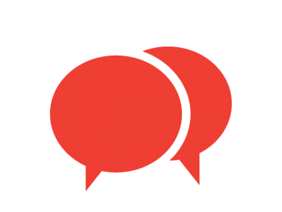 A graphic of two overlapping red speech bubbles on a white background