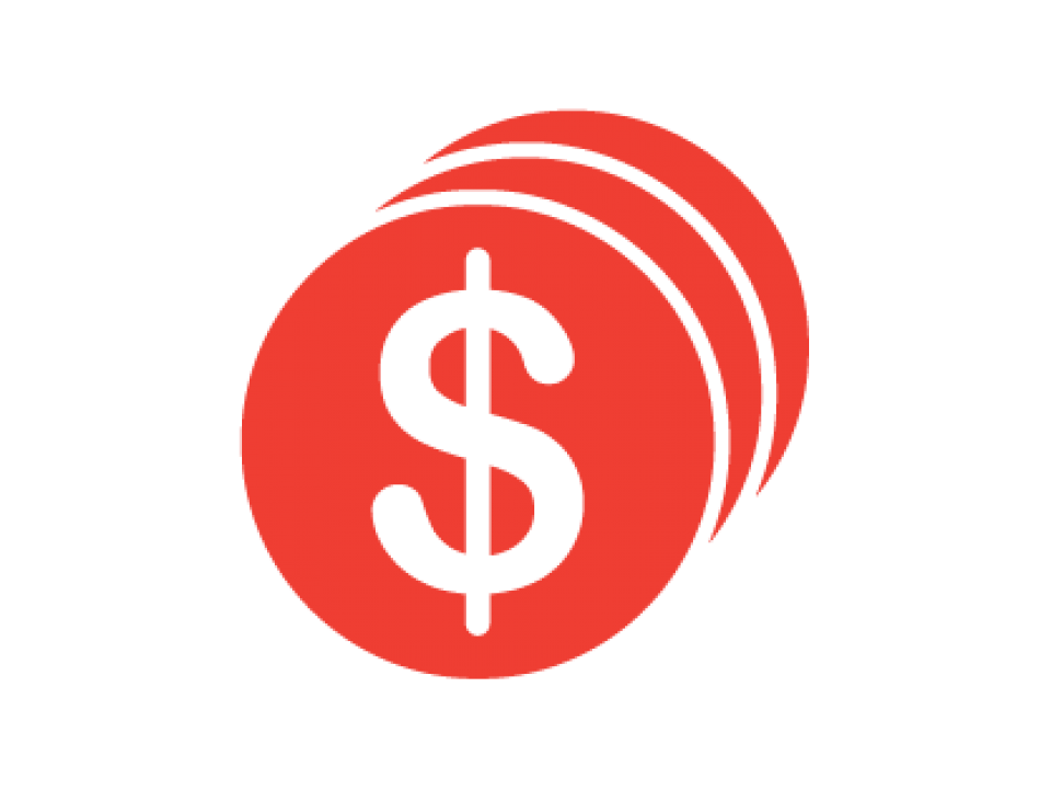 Red graphic of a circle with a white dollar sign in a circle on a white background. 