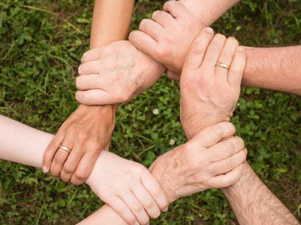 Image of 6 hands intertwined and holding each others wrists in a circle shape.