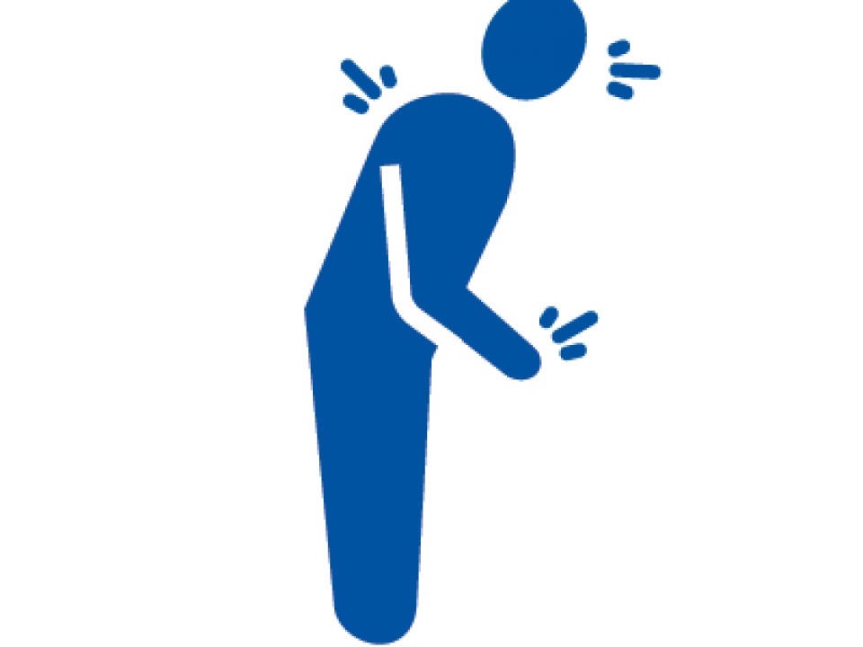 Blue graphic of a person indicating muscles and spasms on white background