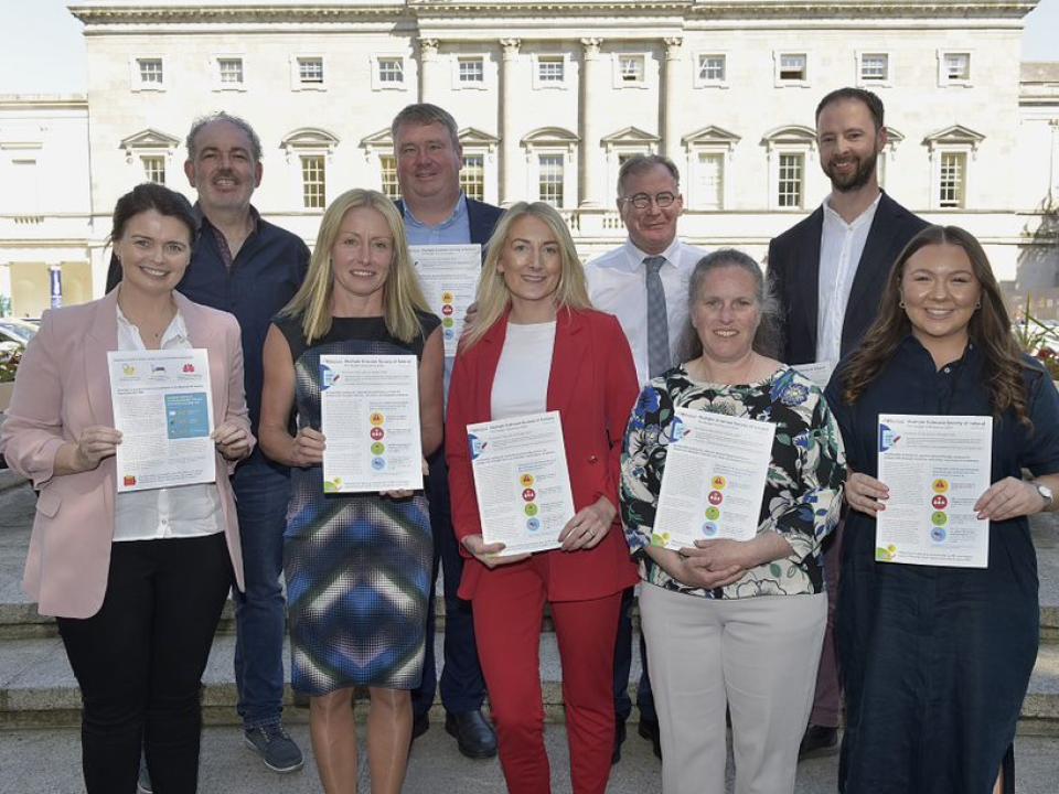 Photo of a group of individuals outside Leinster House. They are holding documents to camera. 