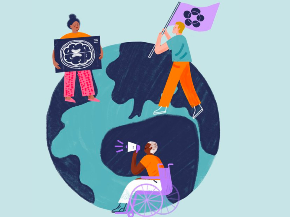 Graphic illustration featuring map of the world, wheelchair user with microphone, flag with logo