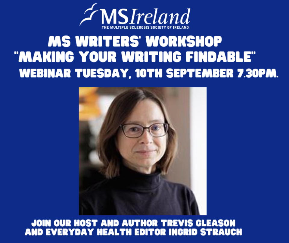 Blue background with white text Writers Workshop - Making your writing findable
