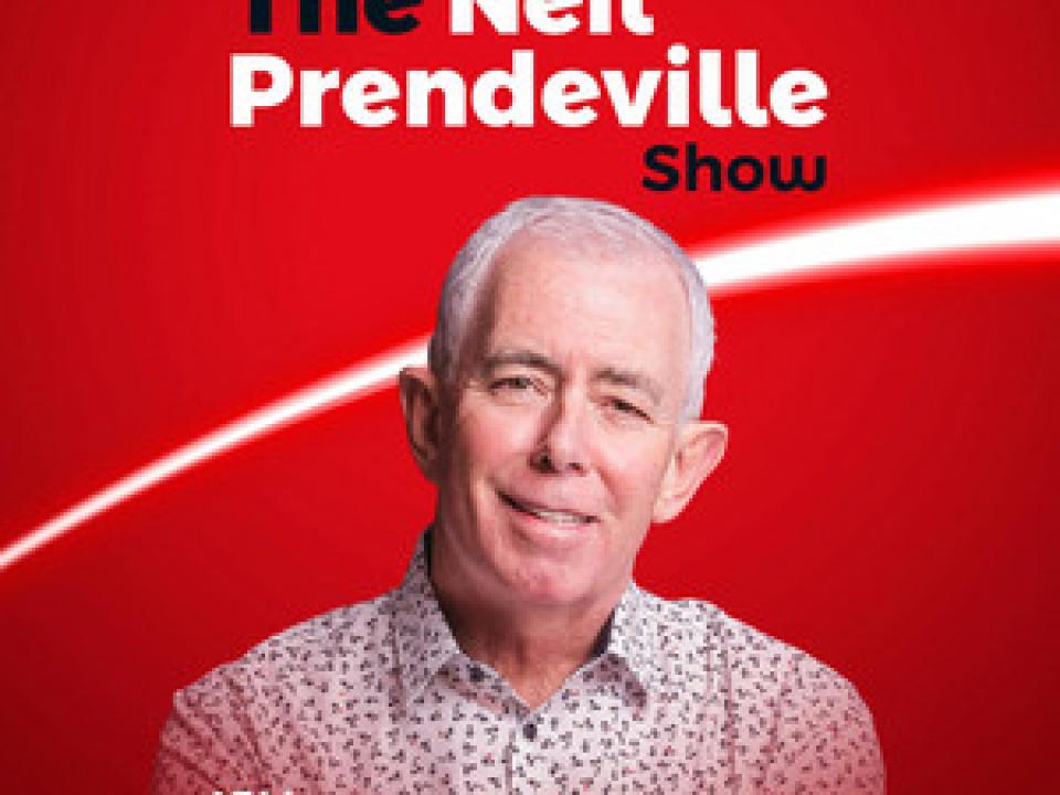 red background, presenter and logo of radio station red fm
