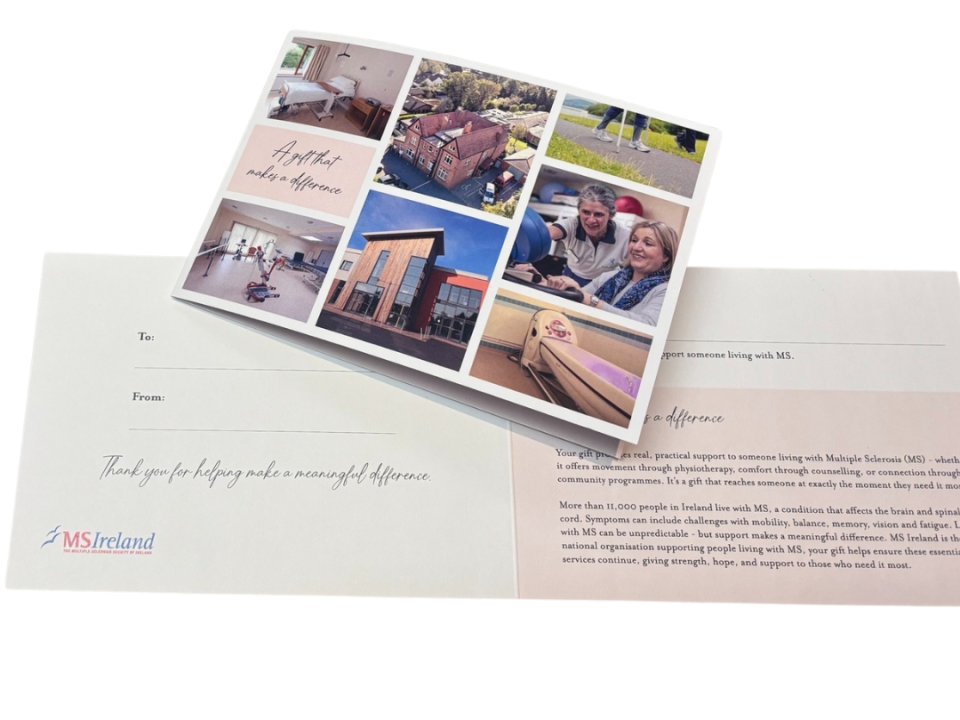 Gift card representing online physiotherapy classes supporting people living with Multiple Sclerosis