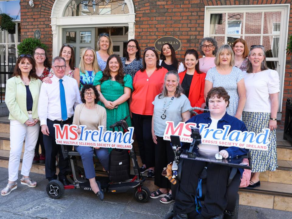 MS Ireland representatives and supporters at Leinster House for the launch of the Budget 2027 call for investment in neurological supports.