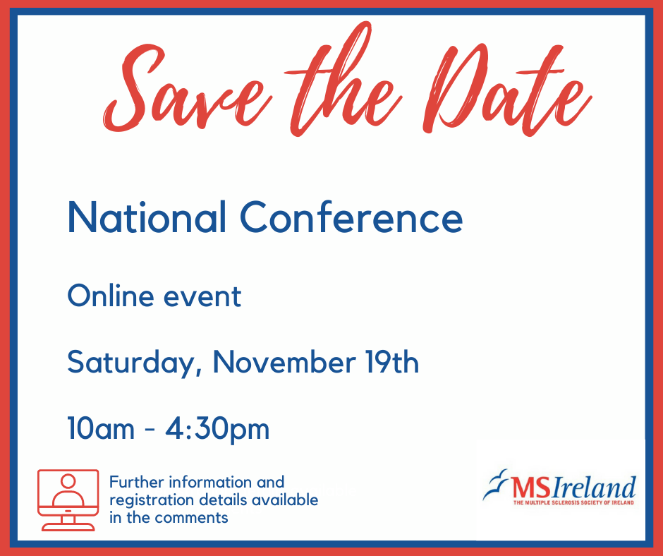 Details of MS Ireland National Conference in blue and red text on white background and MS Ireland logo