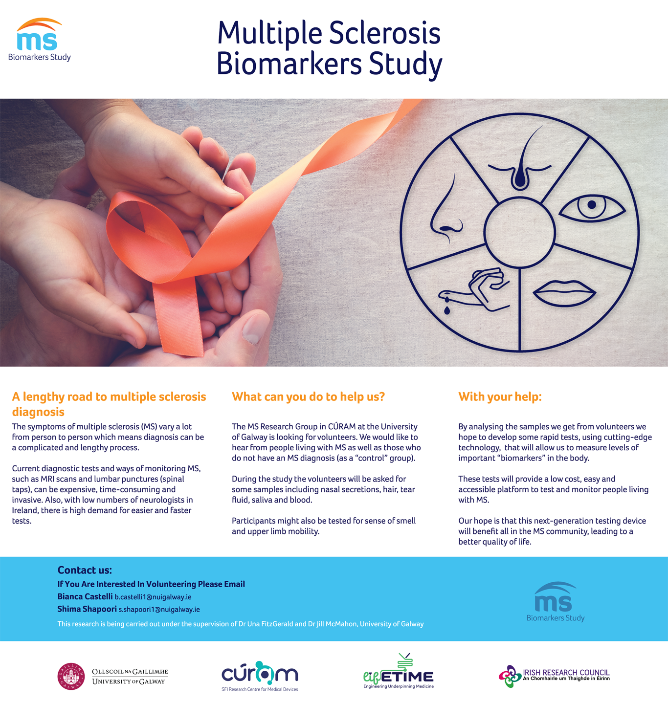 Biomarkers in MS Study text with image of hands holding an orange ribbon
