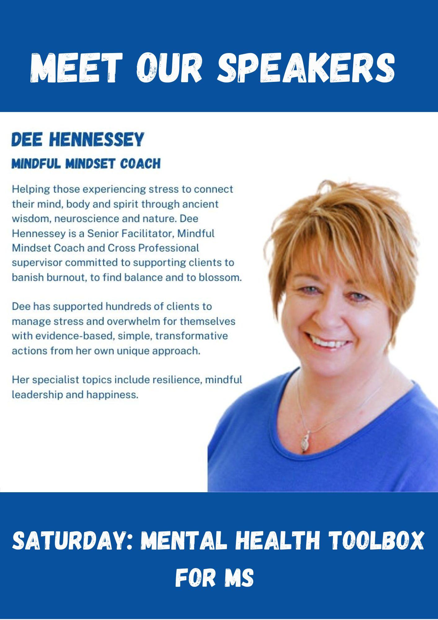 Image of Dee Hennessy with blue text on white background
