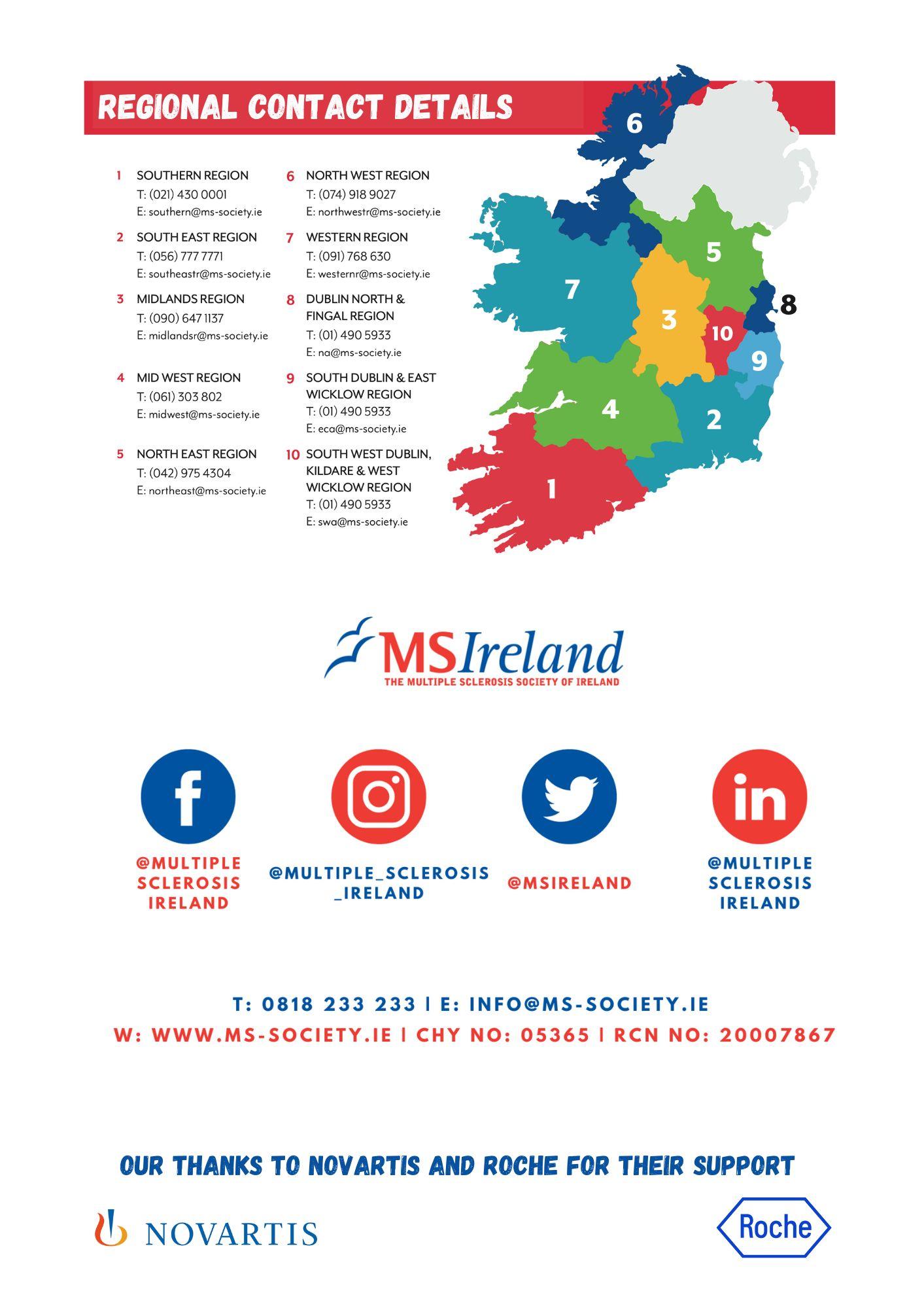 map of ms Ireland regional services and phone numbers on a white background as well as MS Ireland social media links on a white background. Roche and Novartis logos.