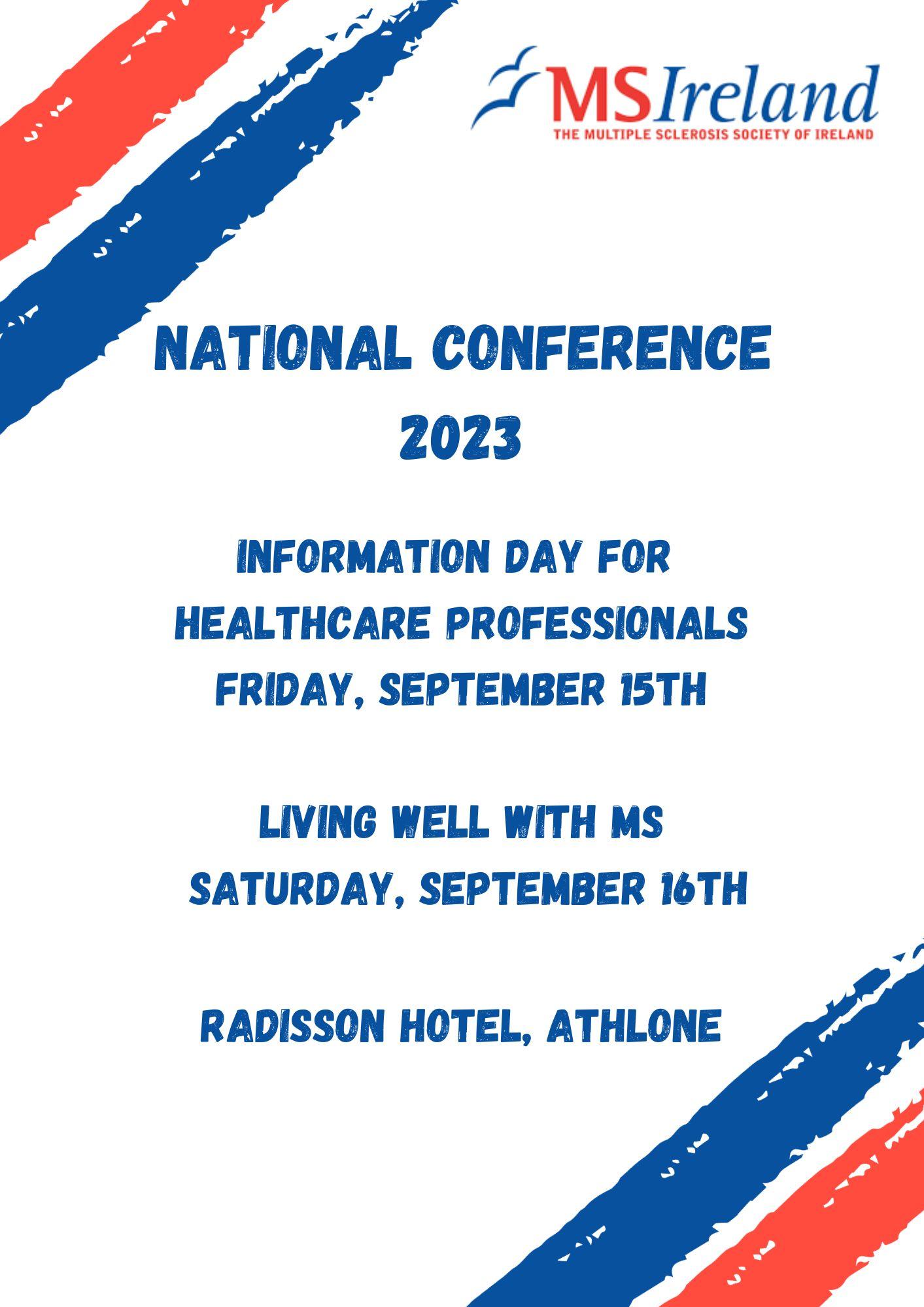 Blue text and MS Ireland logo on white background with red and blue stripes