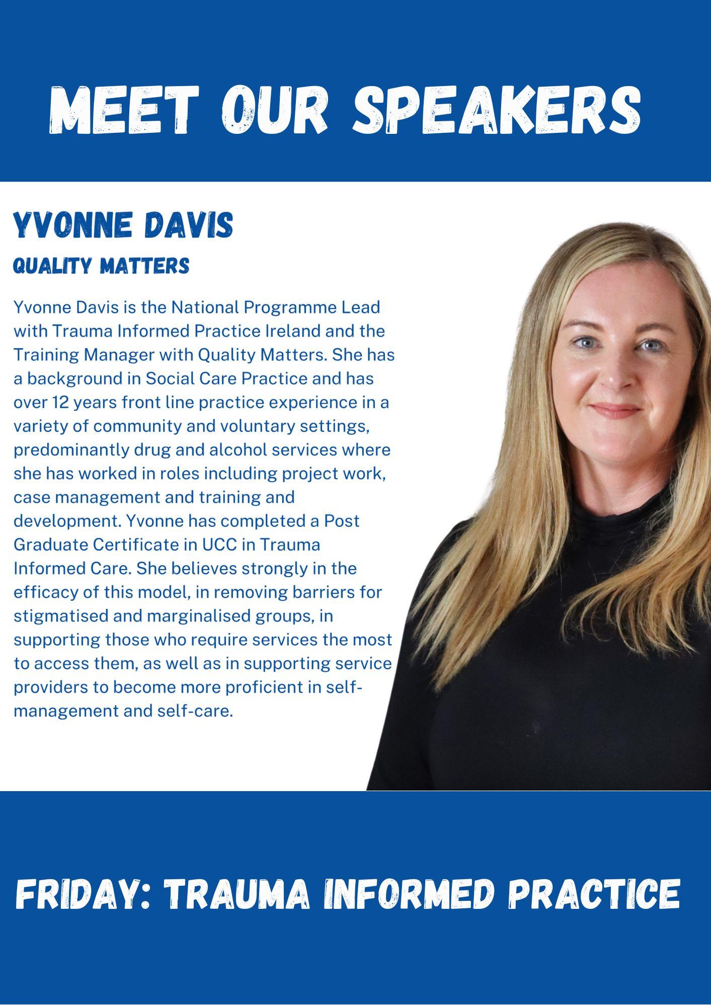 Image of Yvonne Davis with blue text on white background