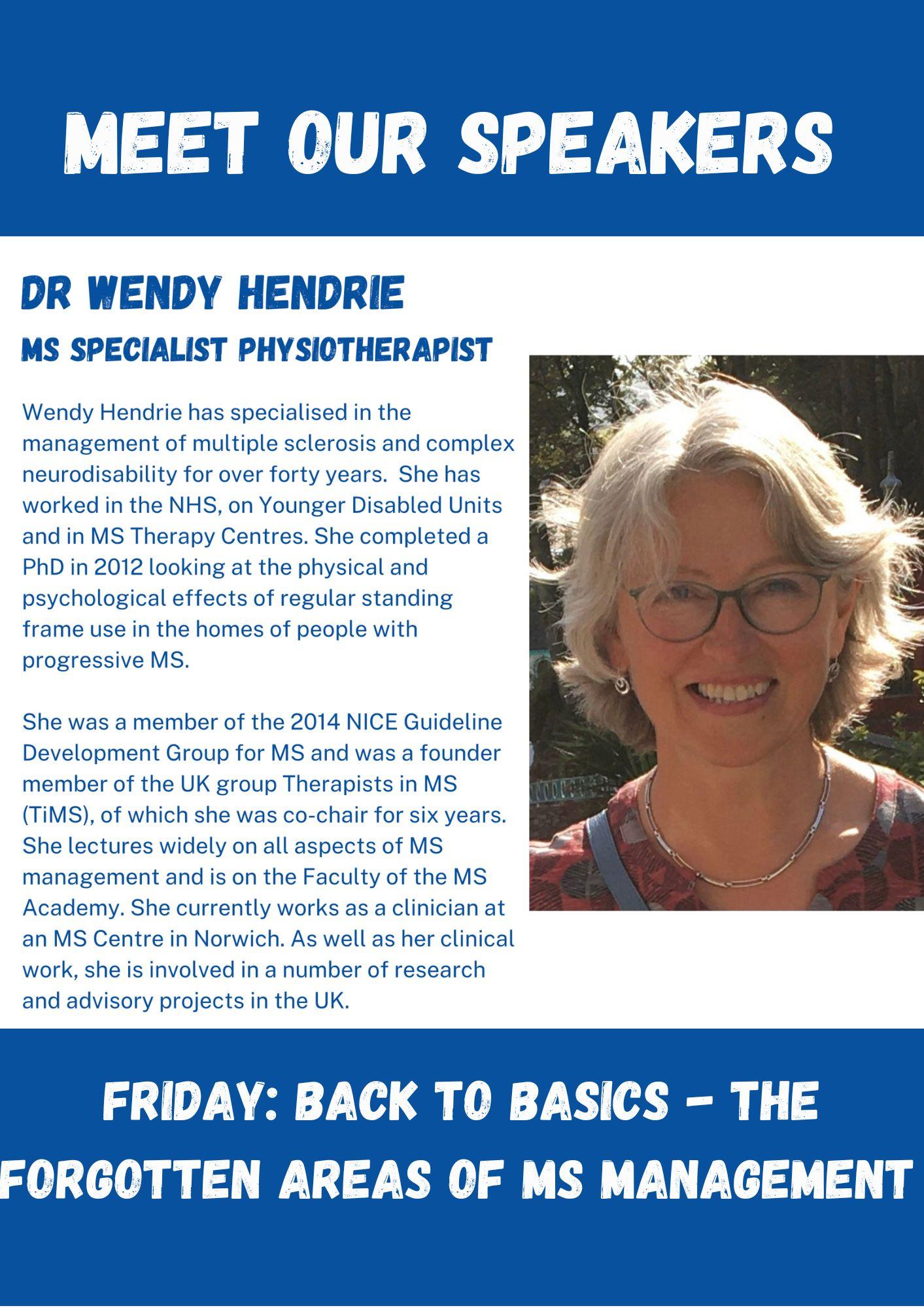 Image of Wendy Hendrie accompanied by blue text on white background