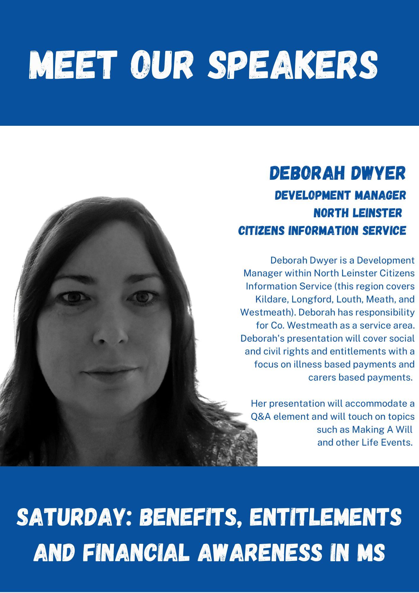 Image of dEBORAH DWYER with blue text on white background