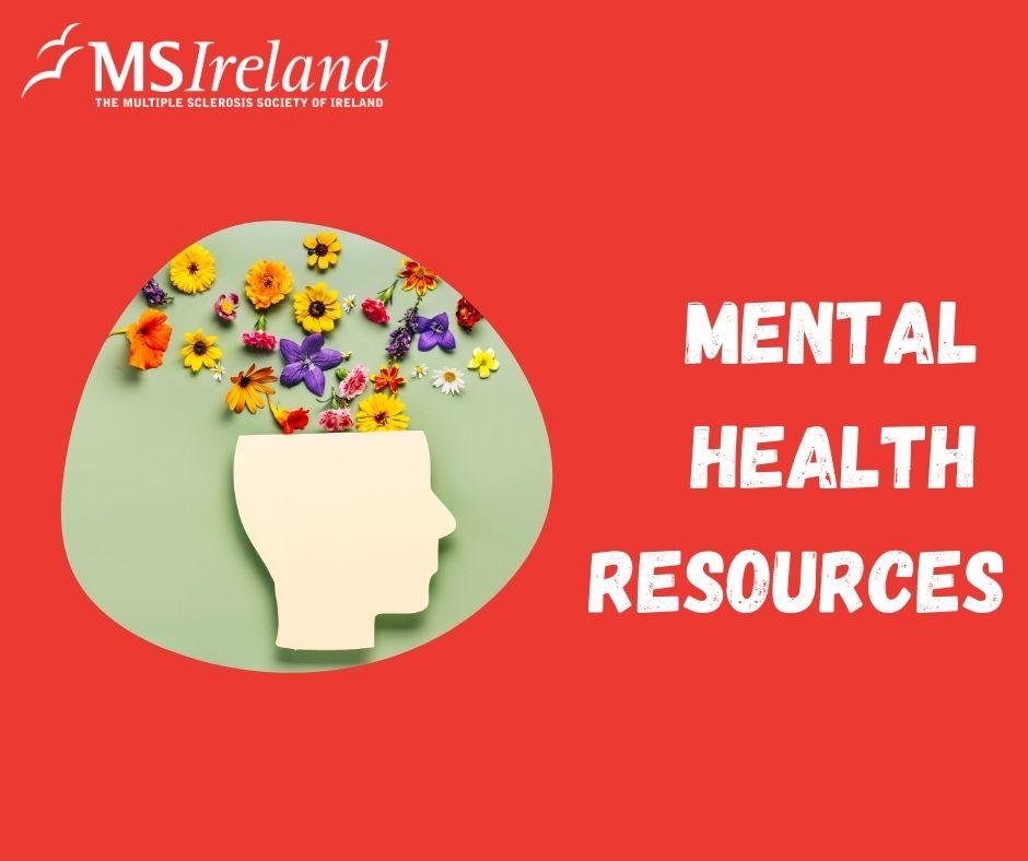 Graphic of silhouette with flowers on a green background on a larger red background with white text 'Mental Health Resources'