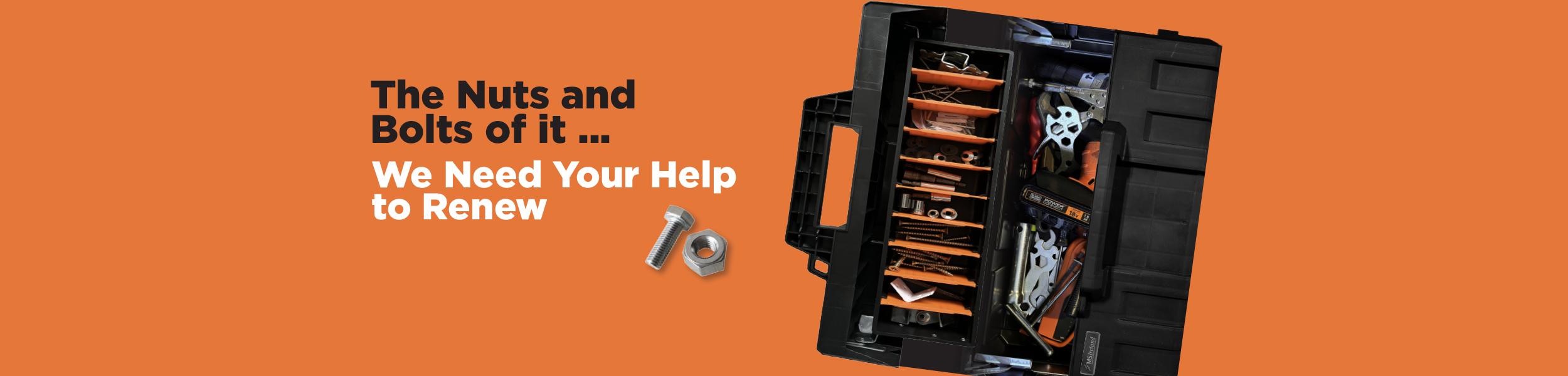 Image with a brown background featuring a toolbox and text promoting our Renew campaign, which provides information and resources for renewal and improvement.