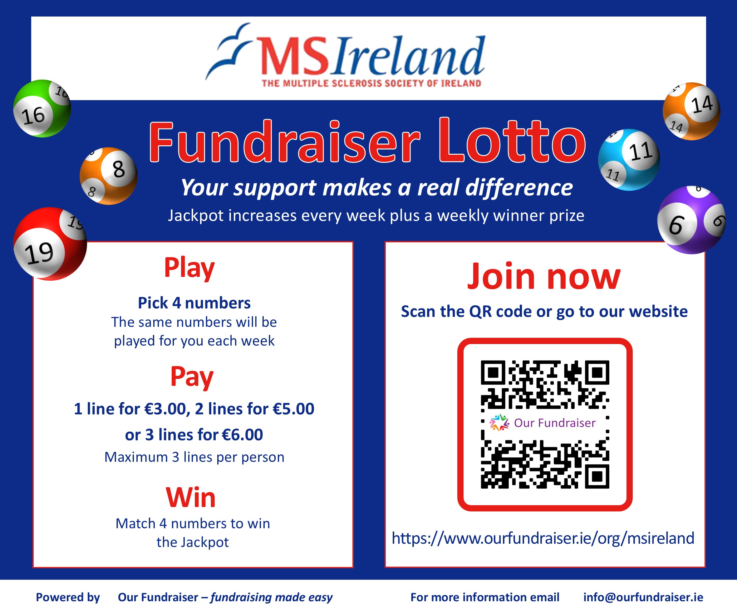 MS Ireland Fundraiser Lotto – join to support regional MS services and win weekly prizes.