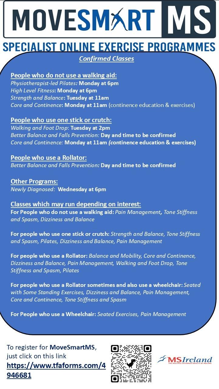 MoveSmart MS online exercise programme flyer with schedule and registration details
