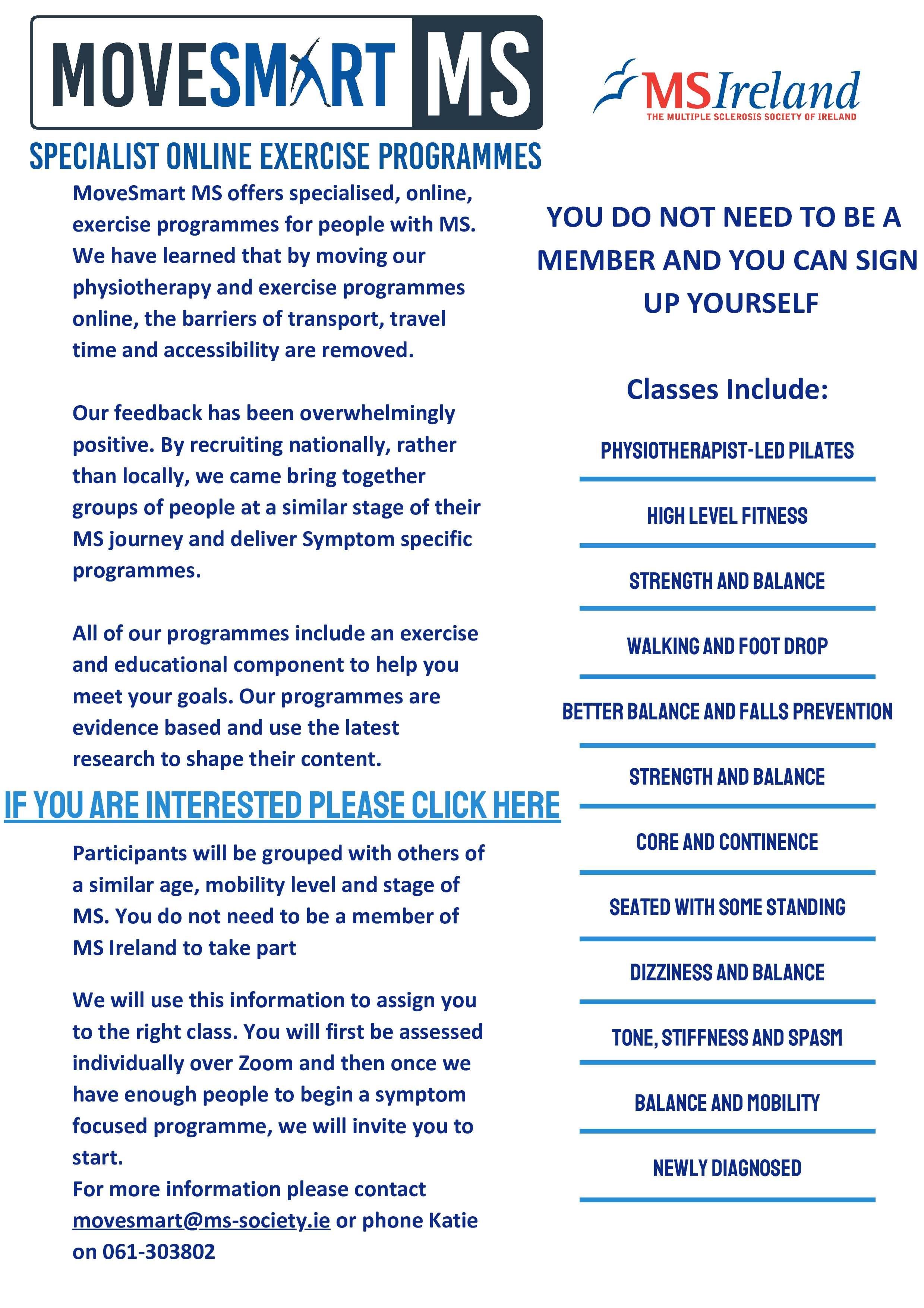MoveSmart MS flyer promoting online exercise programmes for people with multiple sclerosis. Classes include Pilates, fitness, balance, mobility, and support for newly diagnosed. No membership required.