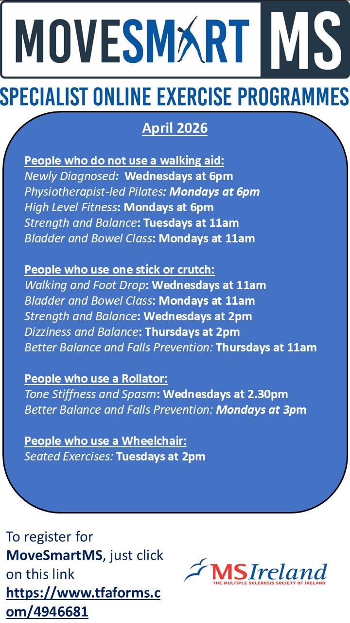 Flyer showing Move Smart MS online exercise classes for April 2026, with sessions listed by mobility level, days, and times, plus a registration link.