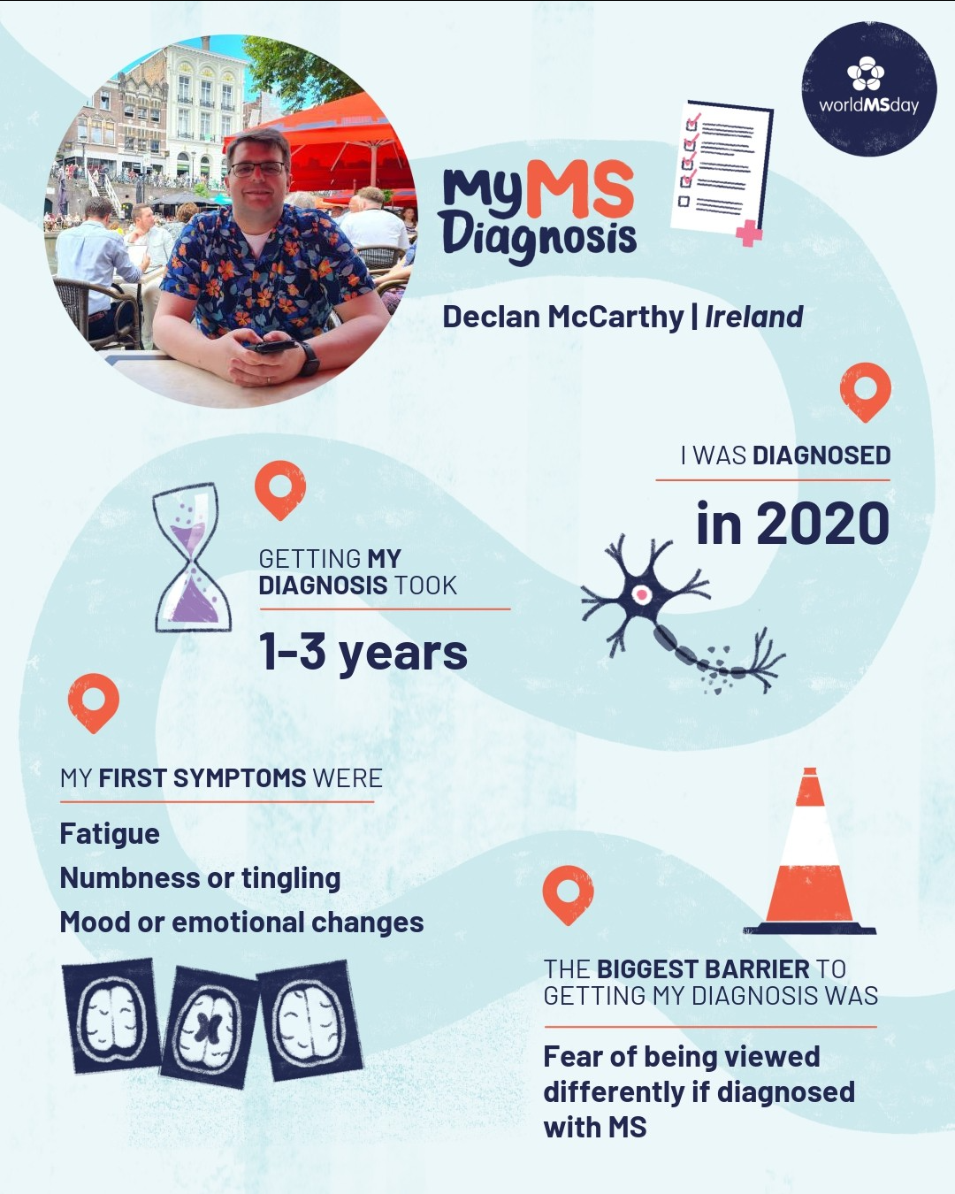 Graphic showing Declan’s MS diagnosis journey for World MS Day, including diagnosis timeline and early symptoms.