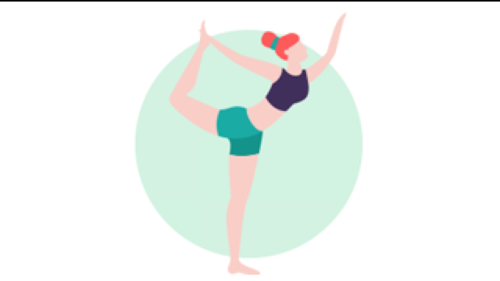 Graphic of a woman with red hair doing a standing yoga pose on one foot.