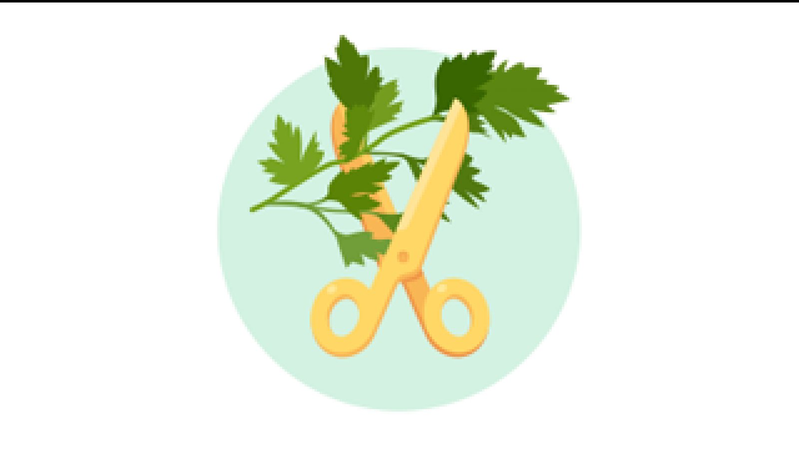 Graphic of a yellow scissors cutting a dark green leaf on a light green circular background. 