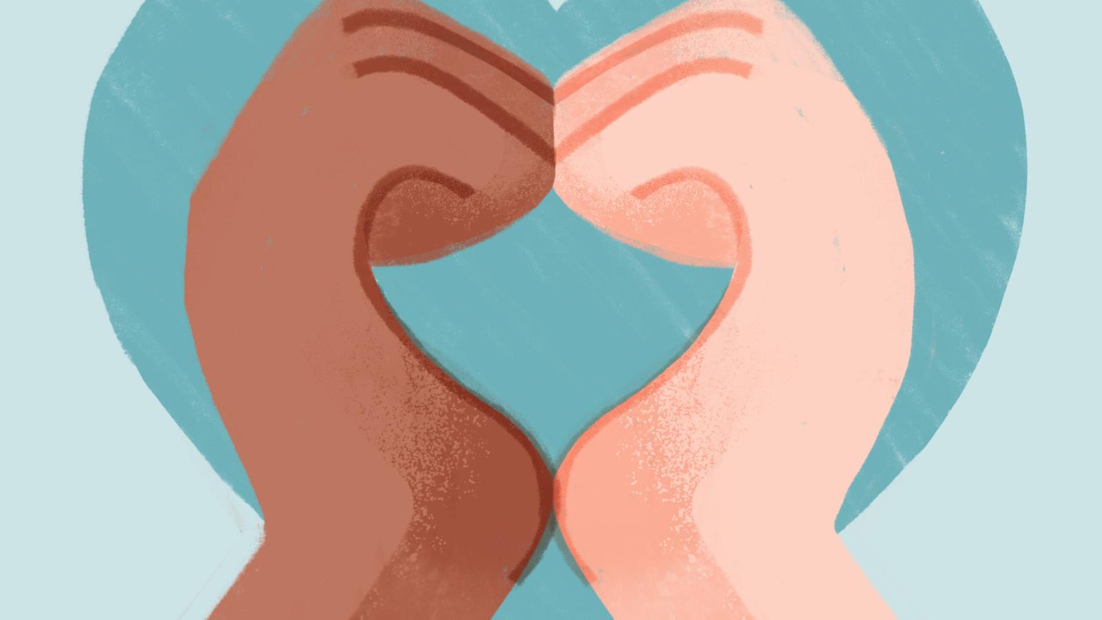 Blue background with a blue heart at the centre, framed by two hands forming a heart shape — symbol for the World MS Day Heart Challenge