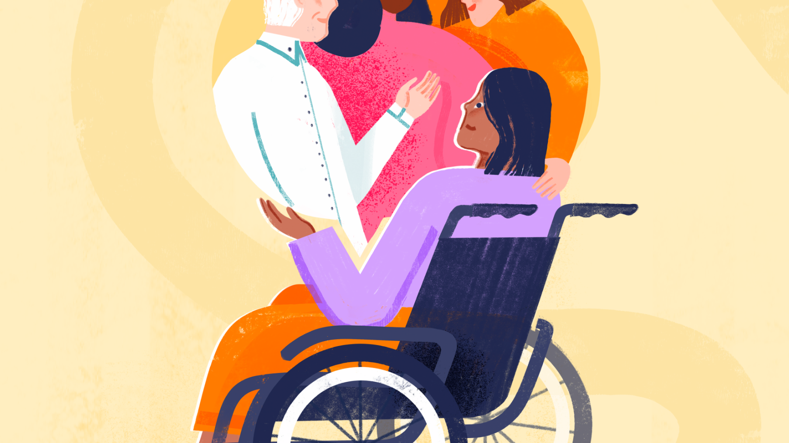 Illustration of four people together in unity, one of whom is in a wheelchair — symbolising inclusivity and support for World MS Day