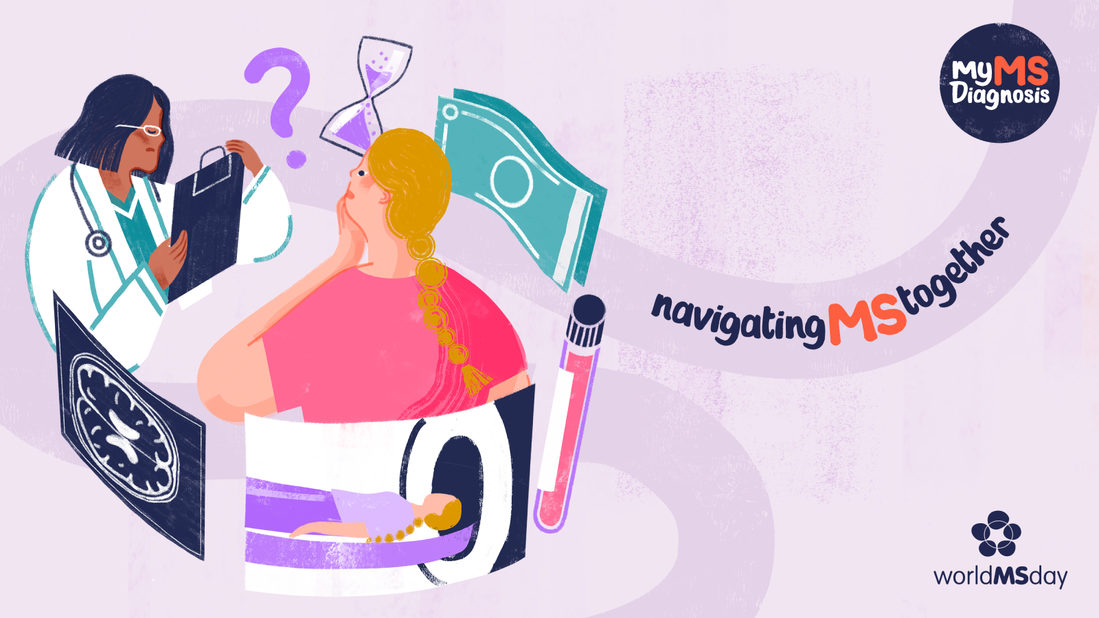 World MS Day banner with the message “Navigating MS Together”. Illustration shows two person