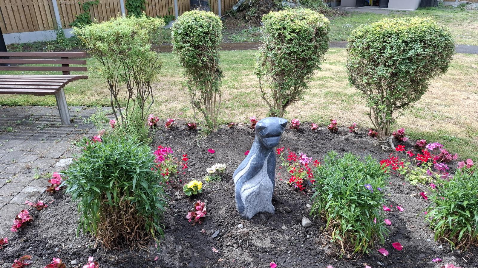 Handcrafted cat sculpture in the MS Care Centre garden, donated by Wheatfield Prison